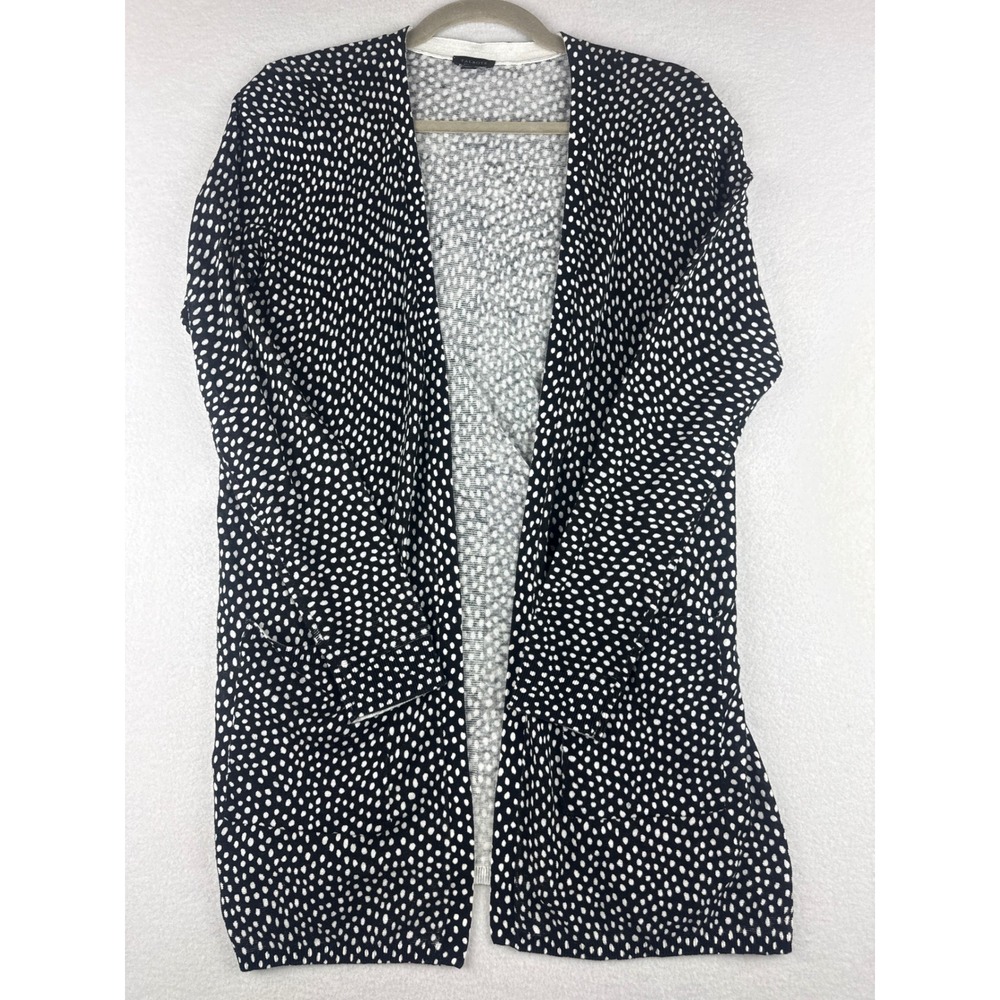 Talbots Womens XS Black White Dotted Linen Cotton Open Front Longline Cardigan